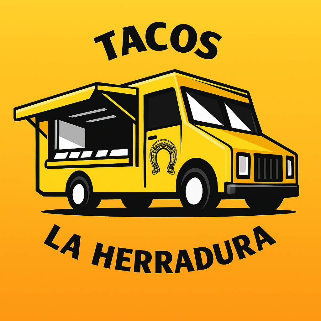 The original yellow Tacos La Herradura truck illustration and horseshoe branding